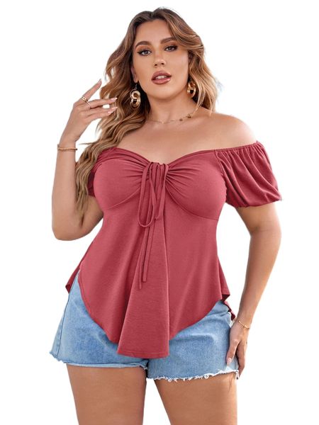 

plus off shoulder tie front curved hem tee s8dm#, Black