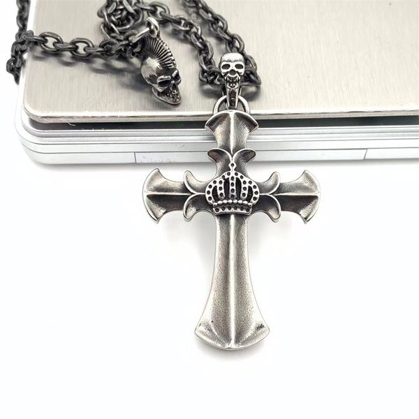 

retro embossed jazz crown cross pendant necklace titanium steel men's personality hip hop street fashion trend accessories, Silver