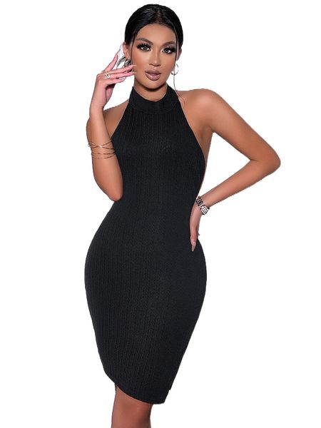 

solid backless halter bodycon dress c3bs#, Black;gray