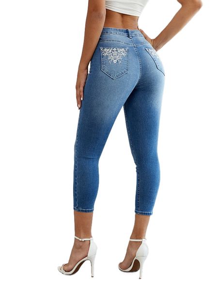 

floral embroidery skinny jeans 79xy#, Blue