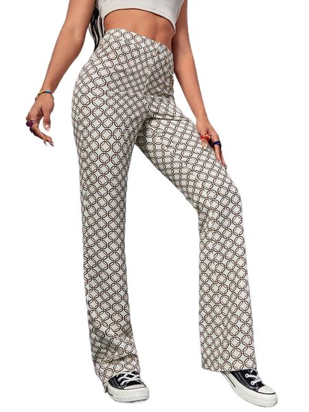 

allover geometric high waist straight leg pants e6sc#, Black;white