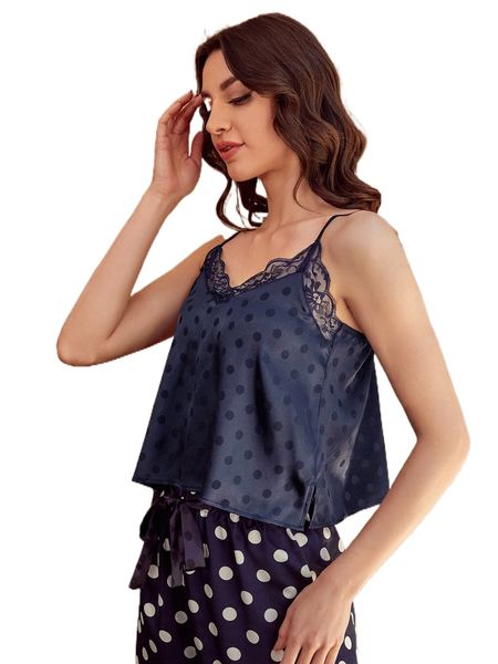 

polka dot lace trim split hem cami sleep v3bp#, Black;red