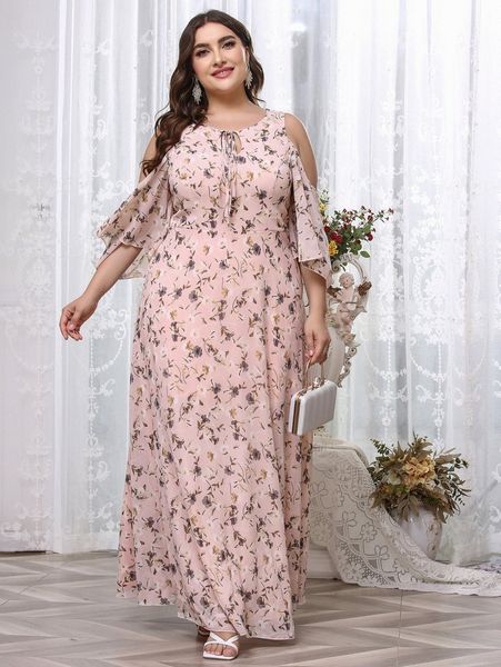 

plus allover floral print cold shoulder chiffon dress z5eu#, Black