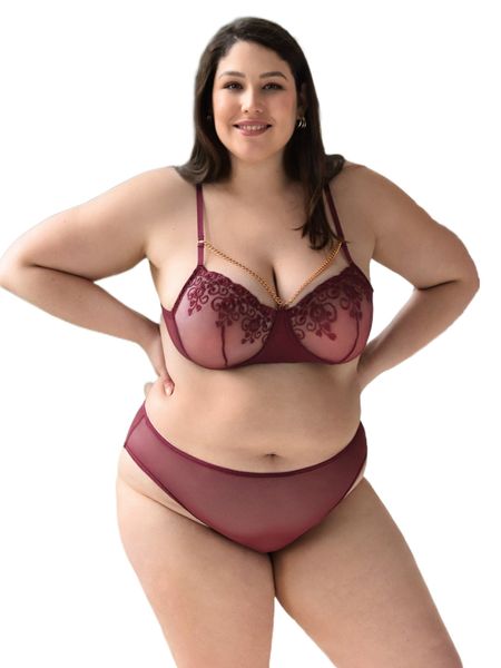 

plus floral embroidery mesh chain detail underwire lingerie set c2jy#, Black;white