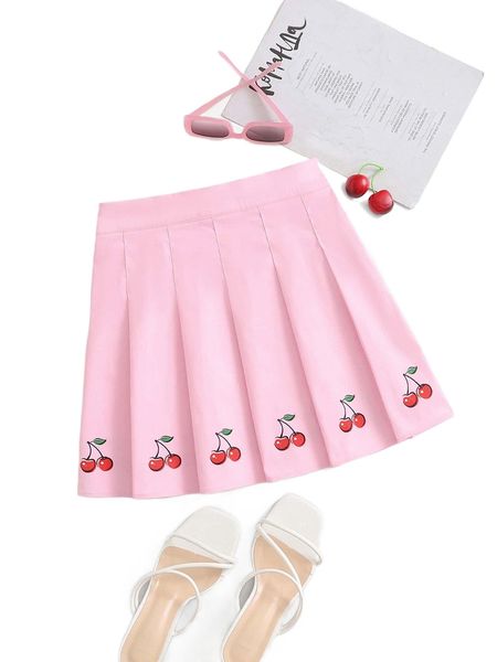 

high waist cherry print pleated skirt h1se#, Black