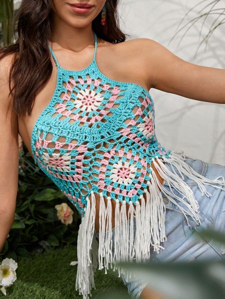 

graphic pattern tassel hem tie backless halter cover up z65f#, White;black