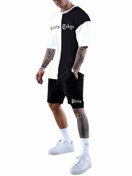 

men letter graphic colorblock tee & drawstring waist shorts 8332#, Gray