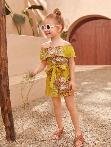 

toddler girls 1pc floral print off shoulder belted romper she, Blue