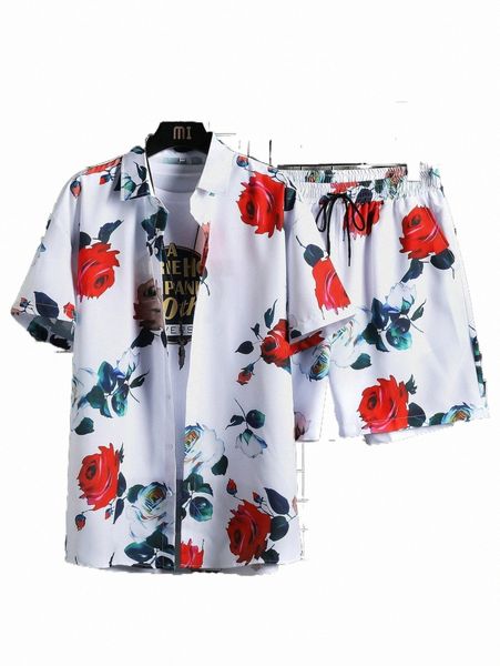 

men random rose print shirt & drawstring waist shorts without tee l055#, Gray