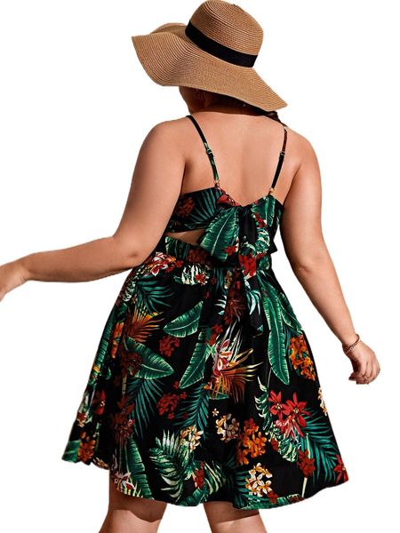 

plus tropical print cami dress 301s#, Black