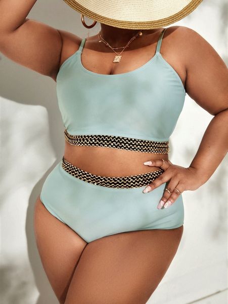 

plus contrast tape bikini swimsuit 723c#, White;black