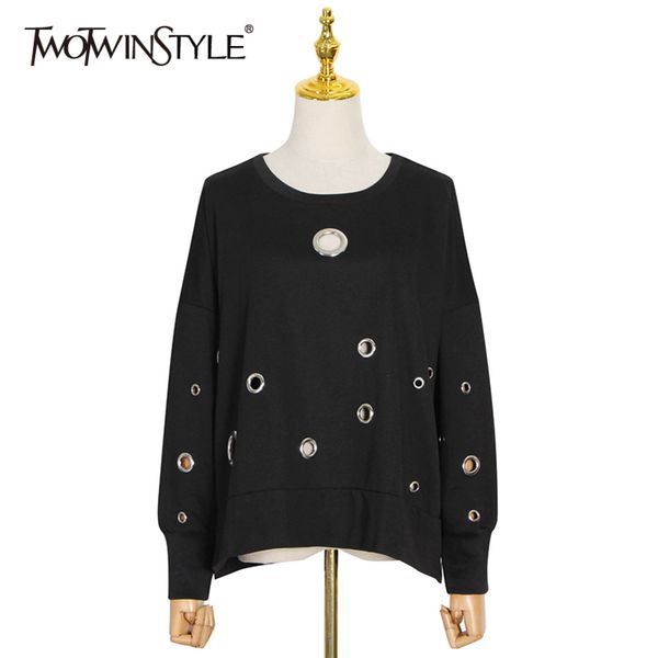 

black patchwork metal hole sweatshirt for women o neck long sleeve hollow out streetwear sweatshirts female spring 210423