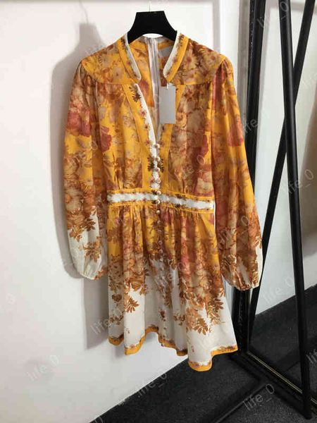 

designer dresses woman temperament logo flower print v-neck waist long-sleeved dress orange summer dresses for wedding party, Black;gray