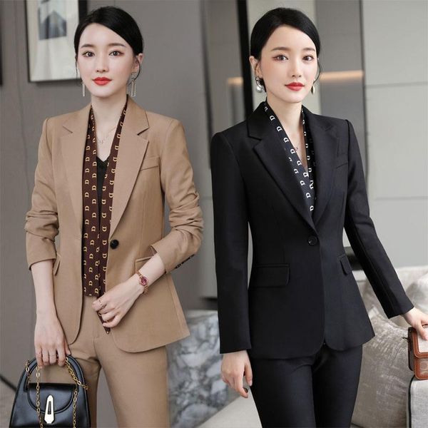 

women's two piece pants 2022autumn long sleeve women's slim fit suit jacket trousers large size fashion black work uniforms, White