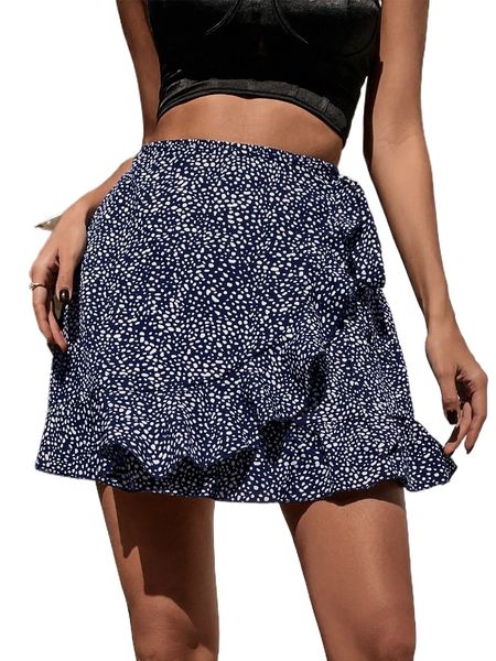 

dalmatian print ruffle trim wrap knot side skirt y0ax#, Black