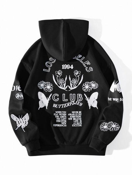 

slogan & butterfly print thermal hoodie l5uj#, Black