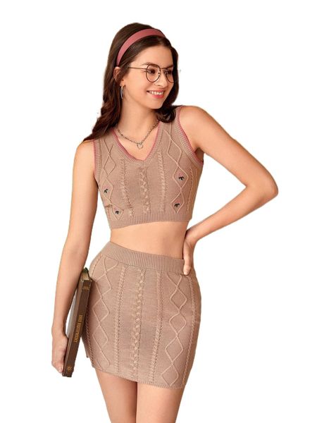 

floral embroidery crop sweater vest & cable knit skirt x4pr#, White;black