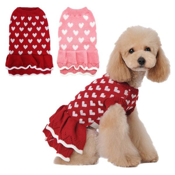 Vestido de vestuário de pet sweater de cães, vestido de amor, roupas de cães pequenos gatos de casaco quente saia para dachshund chihuahua grande cãesdog