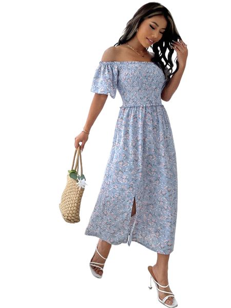 

f.loral print s.hirred bodice o.ff s.houlder d.ress p7lk#, Black;gray