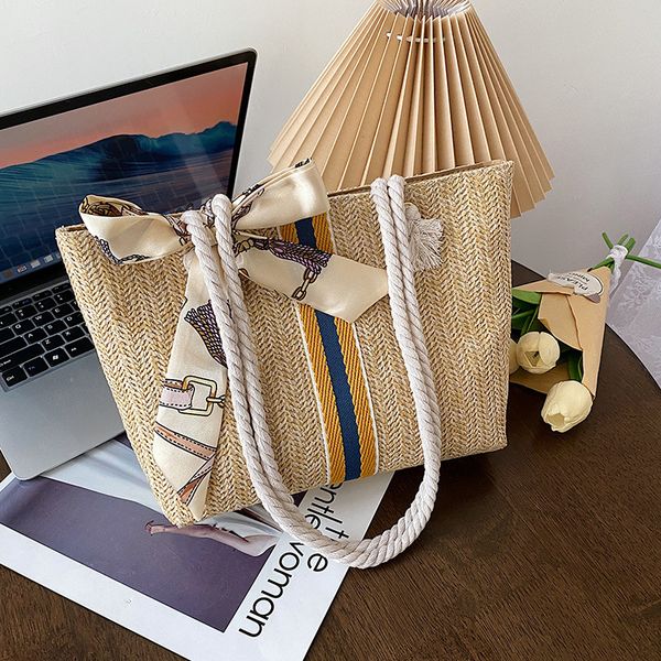 

casual contrast straw handbag ladies large capacity bow knot woven shoulder bag woman summer beach vacation womens tote bag
