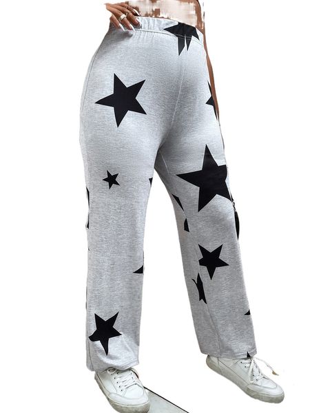 

plus star print straight leg pants k4la#, Black