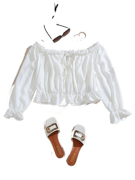 

plus off shoulder frill trim knot front flounce sleeve blouse q0na#, Black