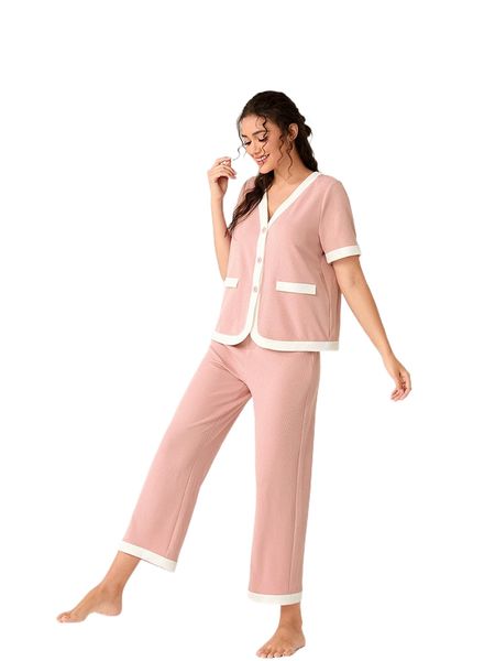 

contrast trim button front pj set c3cq#, Black;red