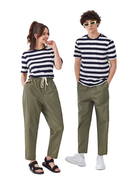 

1pc slant pockets drawstring waist pants 79hz#, Black