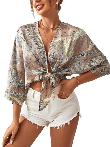 

allover print batwing sleeve knot detail blouse z5gf#, White