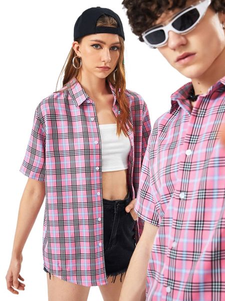 

1pc tartan print button up shirt l0l7#, White;black