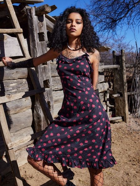 

romwe floral print ruffle hem dress z8i9#, Black;gray