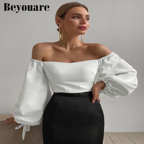 

beyouare elegant womens t shirt slash neck lantern sleeve bandage solid white autumn casual slim office lady tee 220602