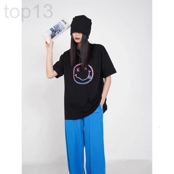 

women's t-shirt designer chaopai 22 early spring new fashion foreign style heavy industry diamond studded smiling face short sleeve t-s, White