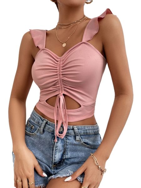 

solid rib-knit drawstring cut out crop x2pk#, White