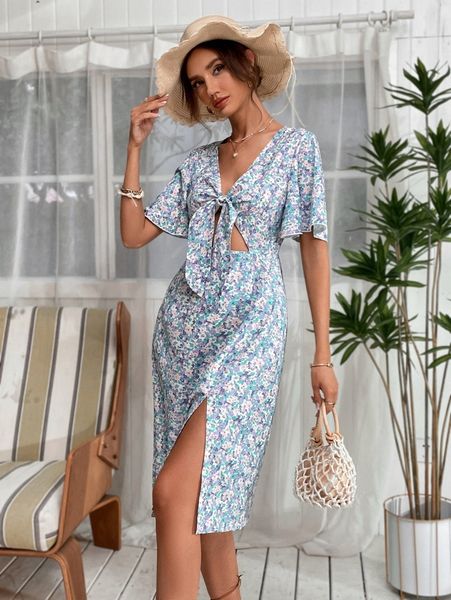 

flutter sleeve tie front cut out split hem floral dress v64k#, Black;gray