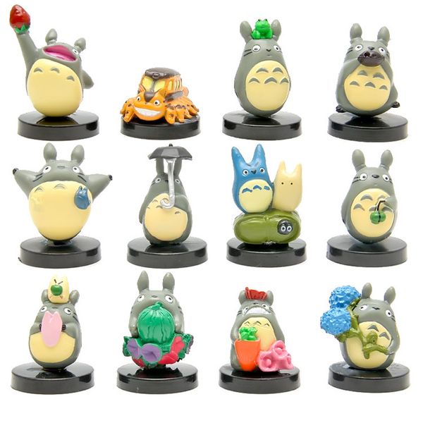 12pcs Totoro Figuras de ação de filme PVC Mini Toys ArtWares com placas de base 1,2-1,4 polegadas de altura