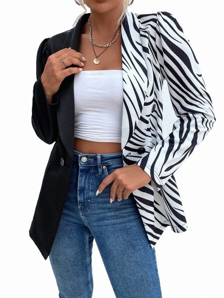 

zebra stripe shawl collar blazer 883z#, White