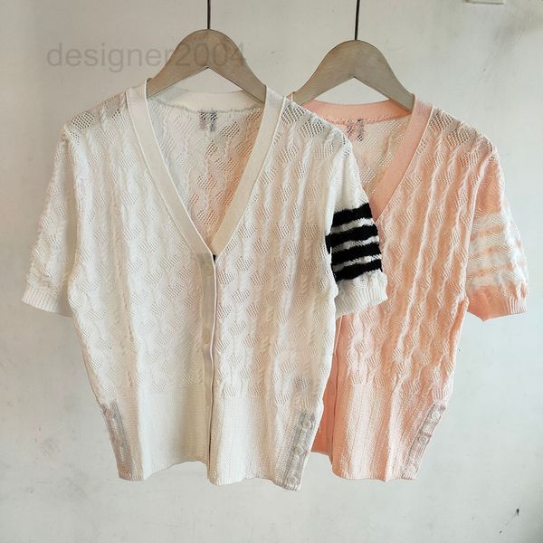 

women's sweaters designer college style 2022 summer women's new thin ice silk v-neck cuff stripe short sleeve hollow knit cardigan, White;black