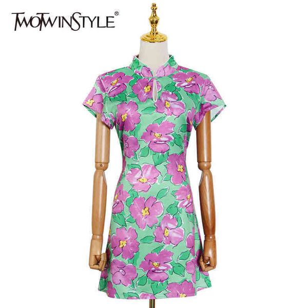 

hollow out print floral dress for women stand collar short sleeve high waist straight dresses female fashion 210423, Black;gray