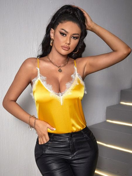 

sxy contrast lace satin cami u0a5#, White