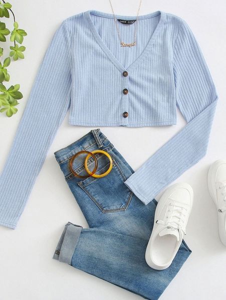 

button front rib-knit crop tee h3pv#, White