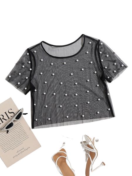 

pearls beaded mesh without bra a77l#, White