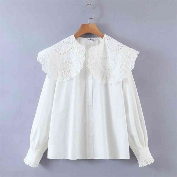 

women hollow embroidery turndown collar white shirts female long sleeve blouses casual lady loose blusas s8277 210326