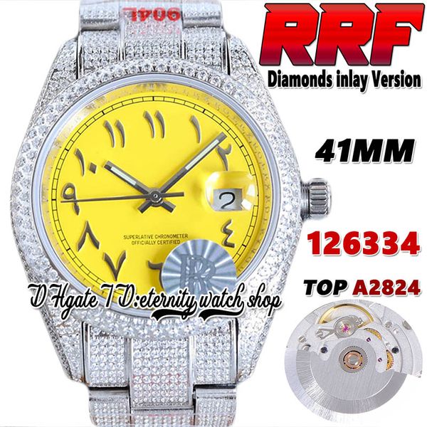 

rrf latest ew126334 a2824 automatic mens watch tw124300 bf126333 yellow arabic dial 41mm 904l steel iced out diamond bracelet super edition, Slivery;brown