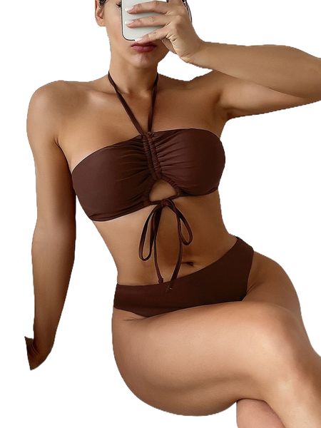 

sxy plain drawstring halter bikini swimsuit j5ds#, White;black