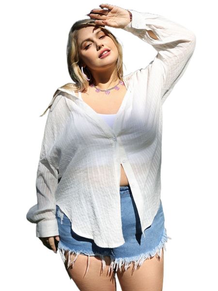 

plus drop shoulder button front shirt without camisole z9x6#, Black