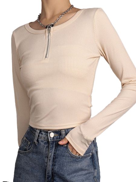 

quarter zipper rib-knit crop tee q5np#, White