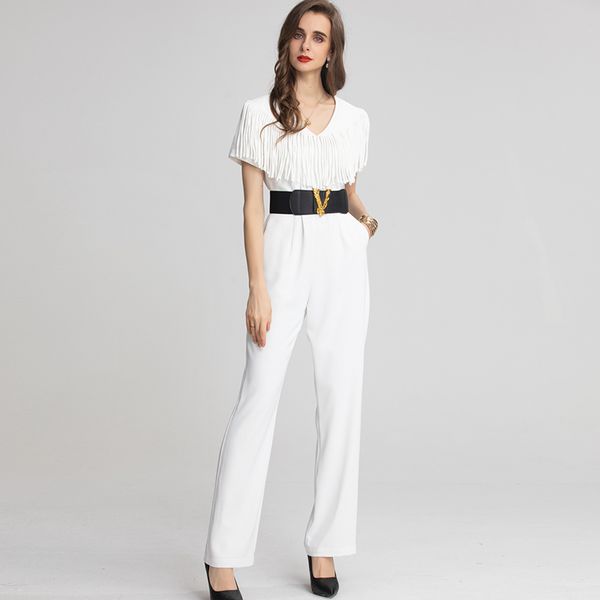 

women's runway jumpsuits& rompers v neck short sleeves tassels elegant fashion long pants, Black;white