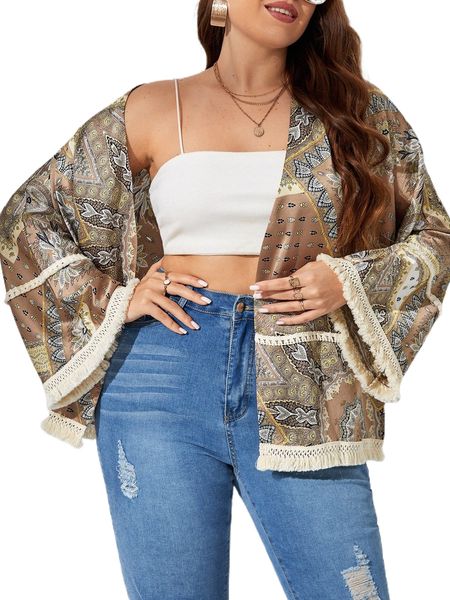 

plus floral print batwing sleeve fringe trim open front coat 48ud#, Black