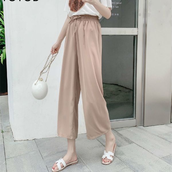 

wideleg pants women's new spring and summer casual ninepoint pants simple ice silk laceup high waist hong kong style pants t200422, Black;white